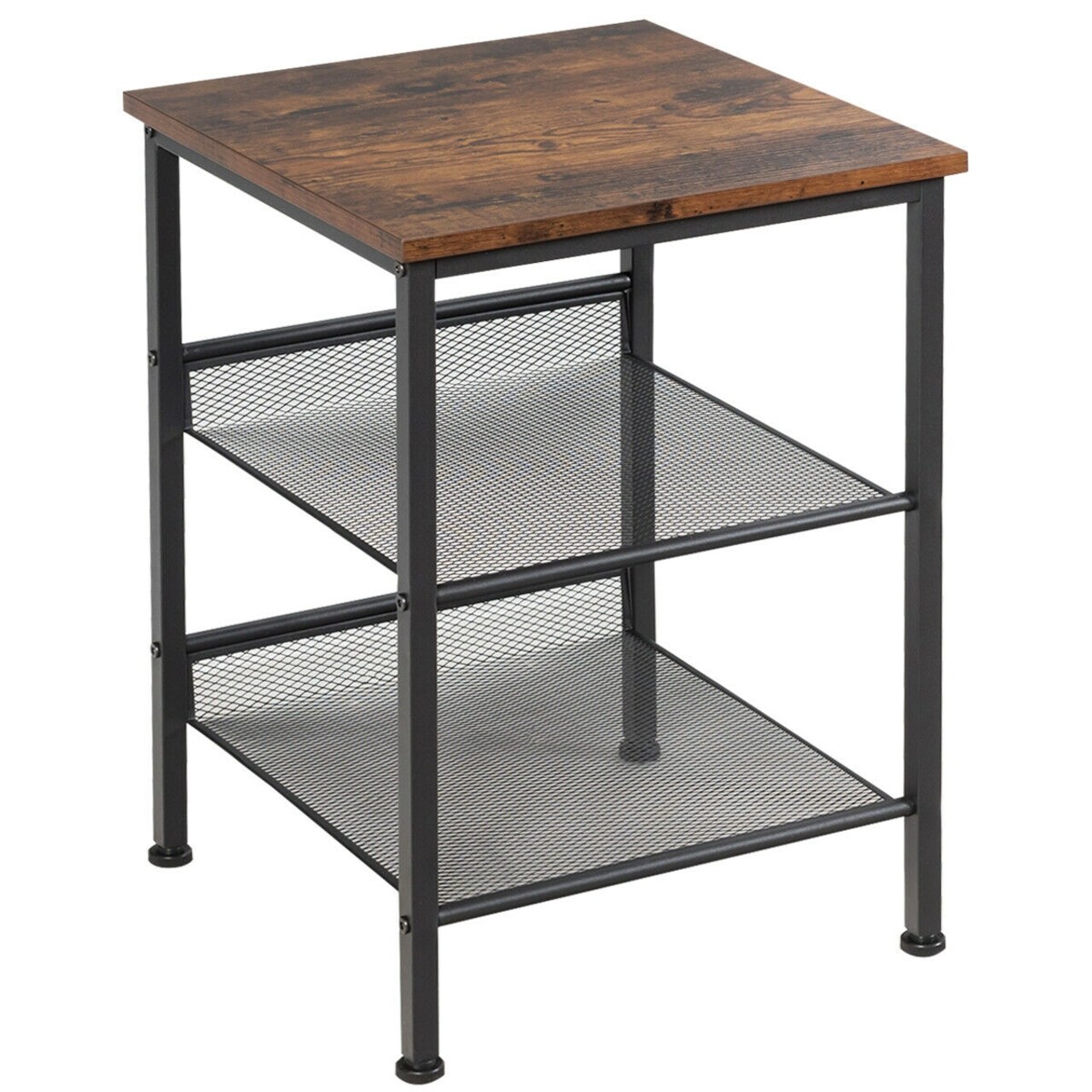 Rustic Brown Adjustable 3-Tier Industrial End Table with Metal Mesh